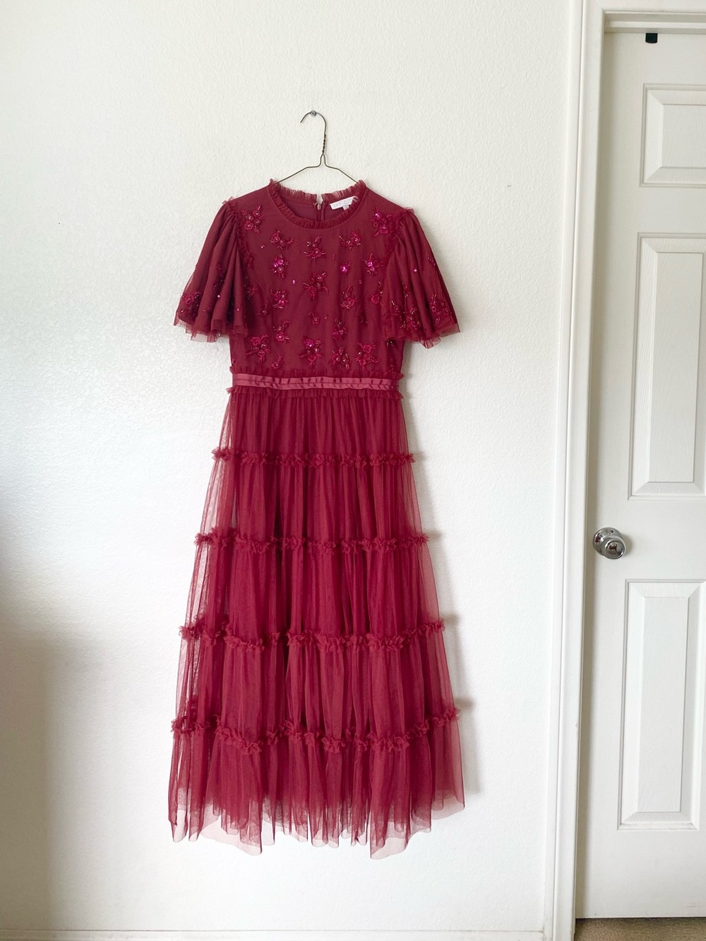 Ivy City Co. Floral Beaded Tulle Tiered Midi Dress